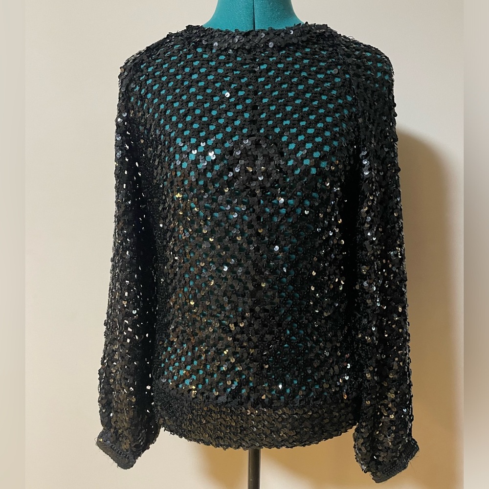 Vintage 1970s PARTIQUE - New York Black Sequined Disco Sweater - Union made